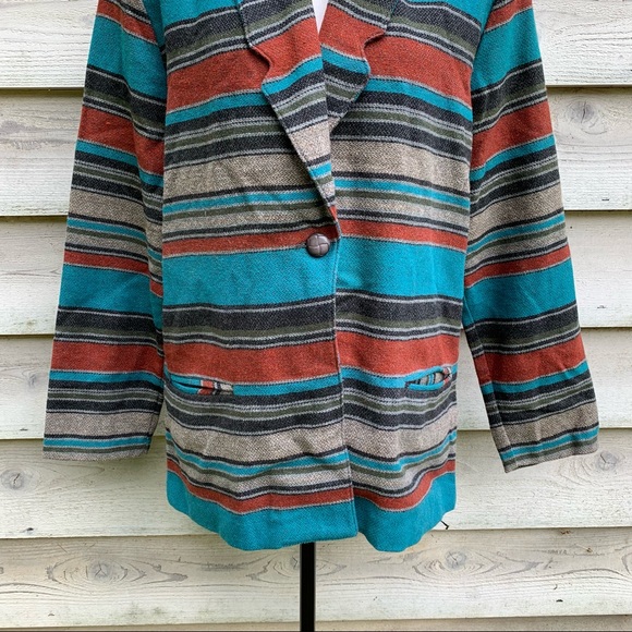 Vintage 80s Wool Blend Striped Print Collared V-Neck Long Sleeve Casual Jacket - Picture 8 of 16